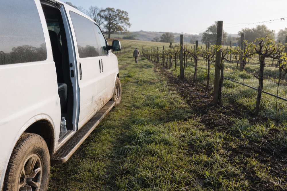 A small-group tour van parked beside vineyard rows in Sonoma County, no text, no logos, no people