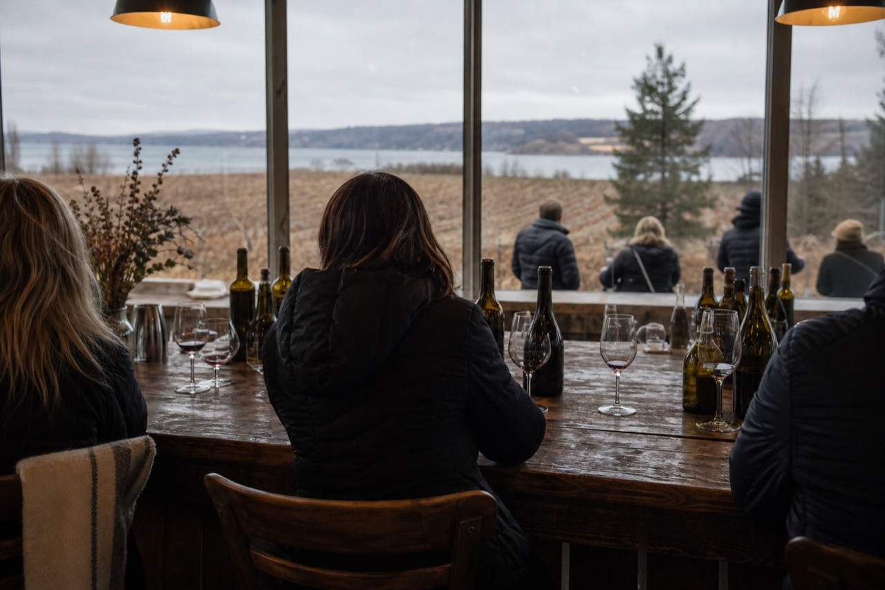A guided group standing at a vineyard tasting bar in Sonoma County, no text, no logos, no people