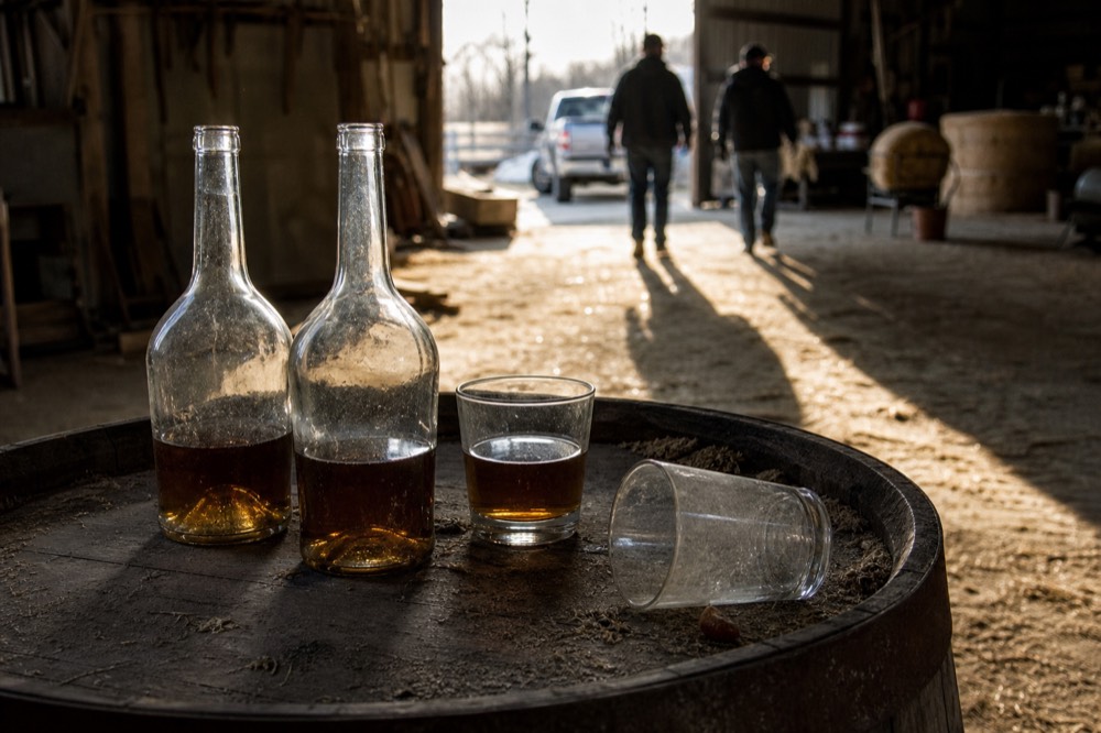 Wine bottles and glasses on a barrel, no text, no logos, no people