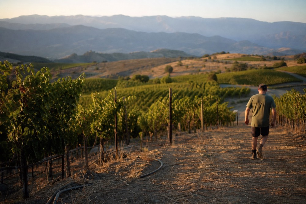 Vineyard rows climbing a hillside toward distant mountains at golden hour, no text, no logos, no people
