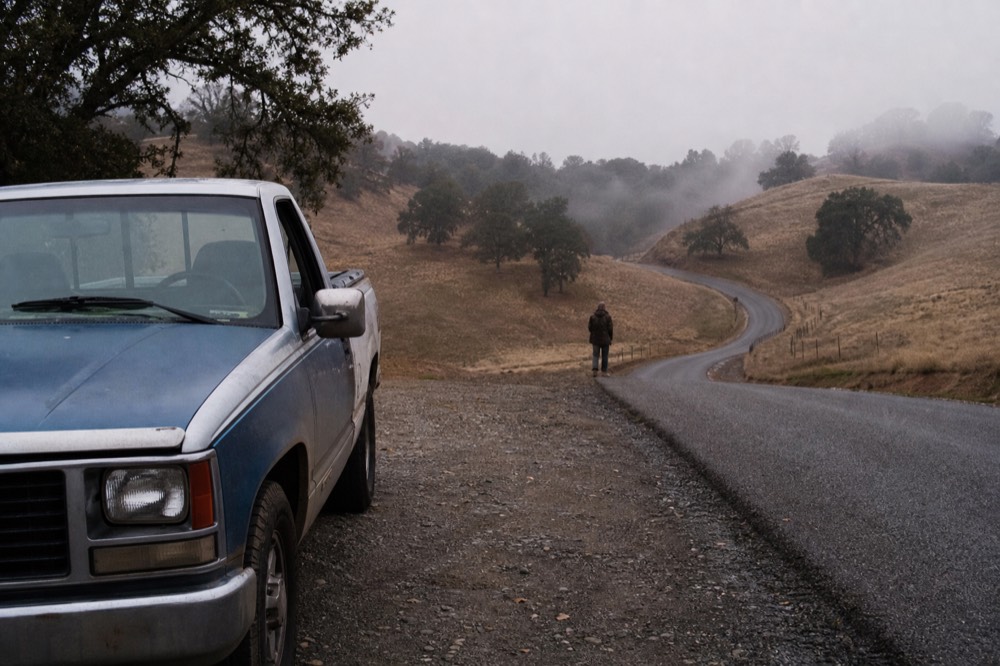 Country road passing low hills and scattered oaks between two wine regions, no text, no logos, no people