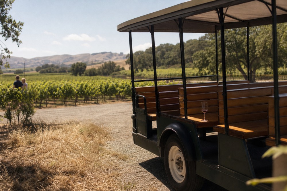 Open-air trolley vehicle parked beside Sonoma Valley vineyards, no text, no logos, no people