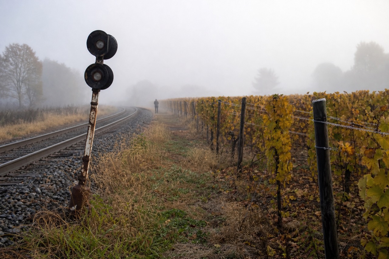 Vineyard rows beside a quiet rail corridor in Sonoma County, no text, no logos, no people