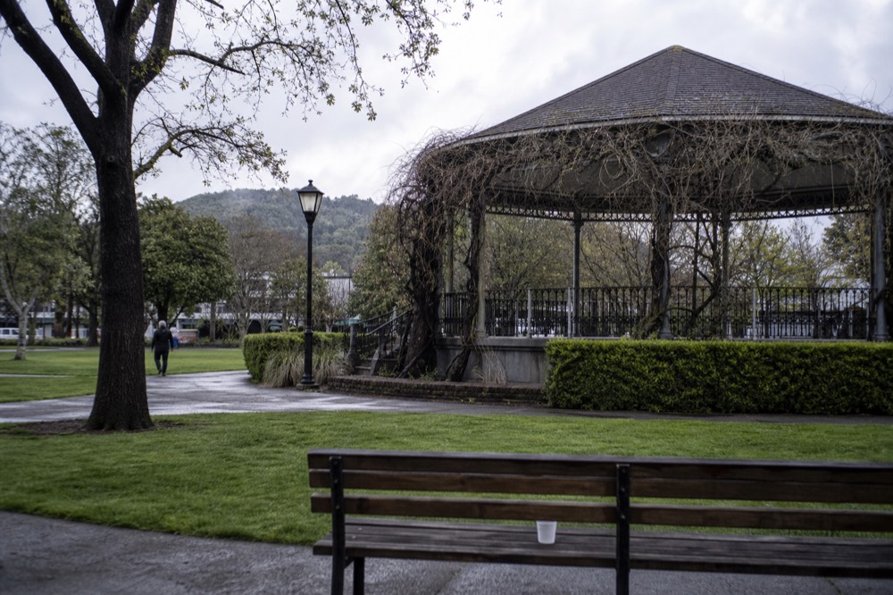 Healdsburg plaza gazebo with vines and hills beyond, no text, no logos, no people