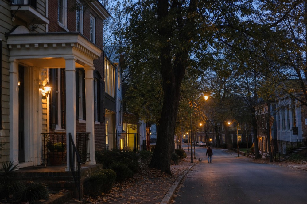 Quiet tree-lined small-town street with historic storefronts at golden hour, no text, no logos, no people
