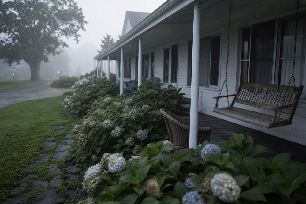 Exterior of Farmhouse Inn in Forestville with lush gardens, no text, no logos, no people