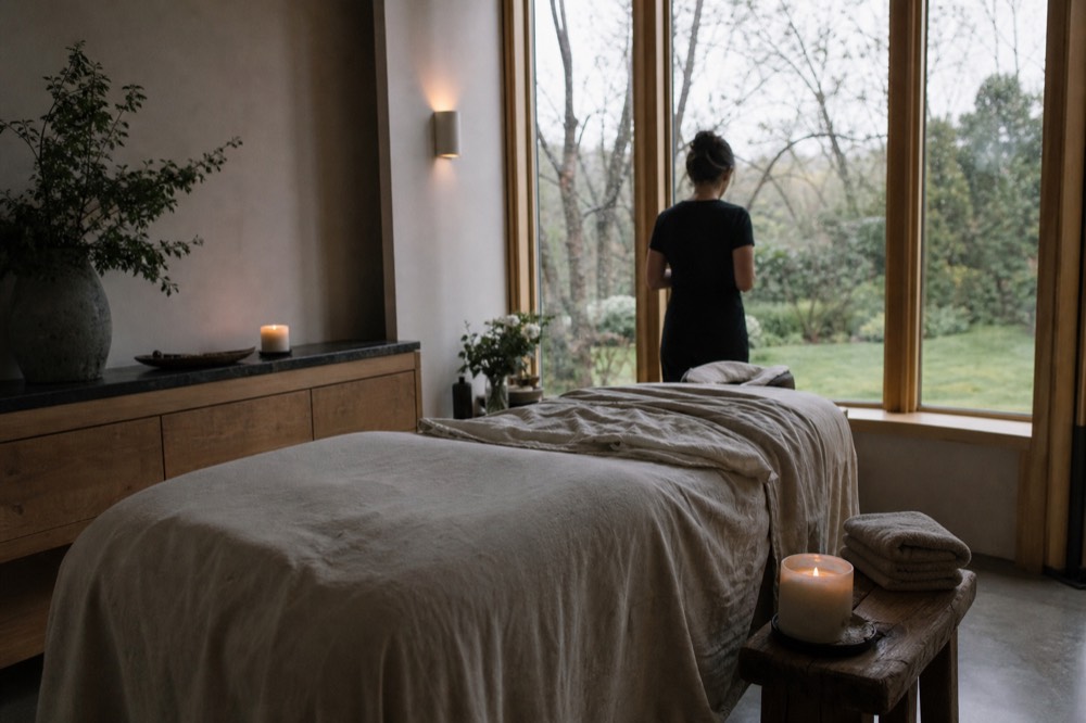 Spa treatment room with garden views at a Sonoma resort, no text, no logos, no people