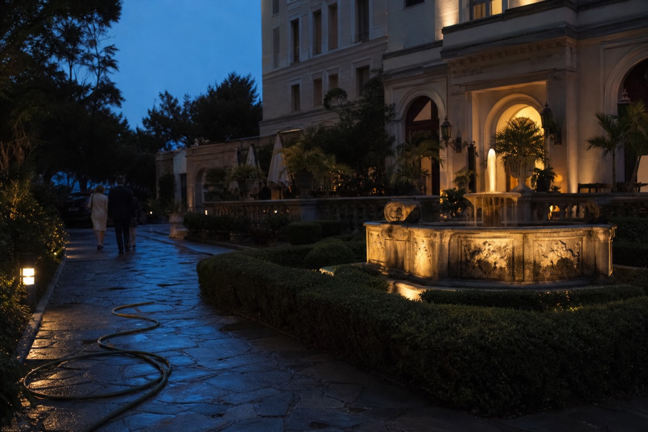 Entrance of a luxury Sonoma hotel with manicured gardens and a fountain, no text, no logos, no people