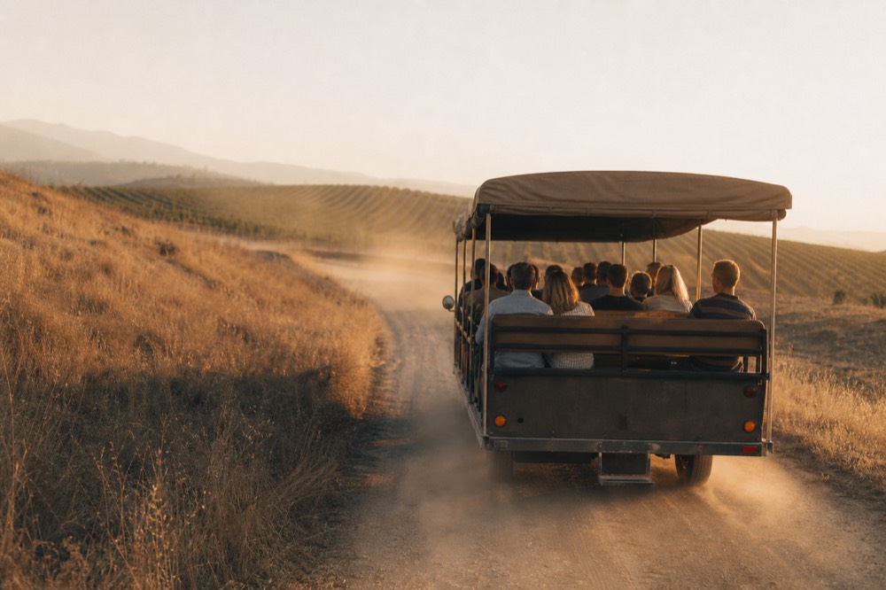 Open-air wine trolley on a Sonoma Valley road, no text, no logos, no people
