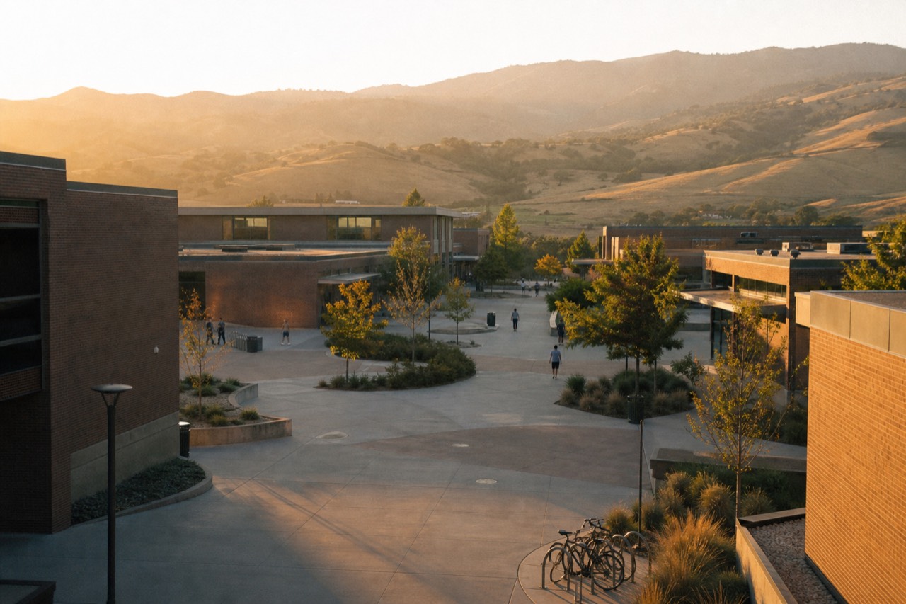 Healdsburg plaza and surrounding wine country hills at golden hour, no text, no logos, no people.