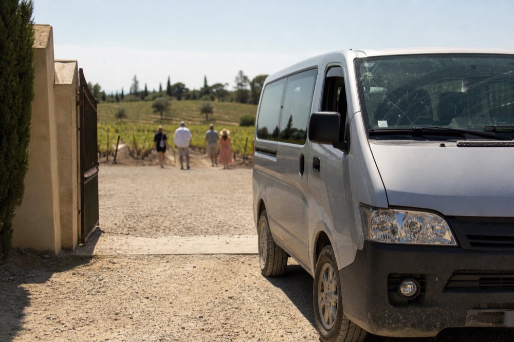 Small van parked at a Sonoma winery entrance among vines, no text, no logos, no people