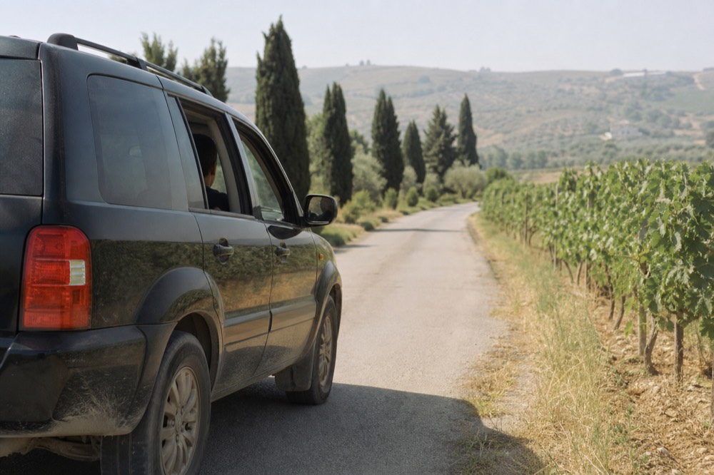 Private SUV on a road between Sonoma vineyards, no text, no logos, no people