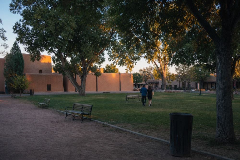 Historic Sonoma Plaza with trees and adobe buildings, no text, no logos, no people