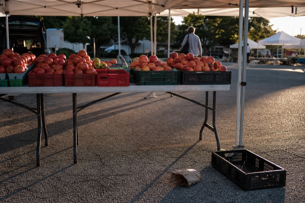 Farmers market stalls with fresh produce under a canopy, no text, no logos, no people