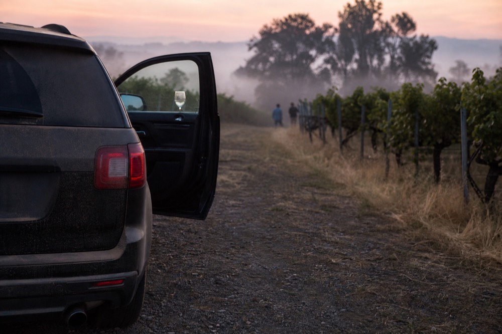 Private SUV wine tour vehicle parked at a vineyard, no text, no logos, no people