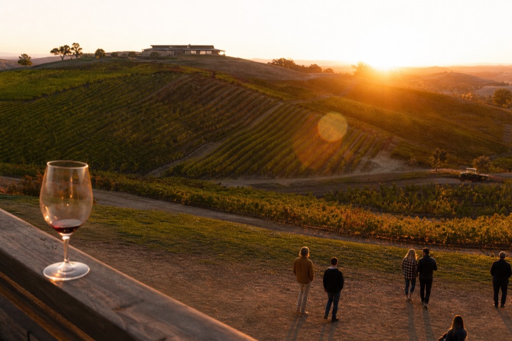 A panoramic vineyard view at sunset, with rolling hills and a winery visible in the distance, no text, no logos, no people