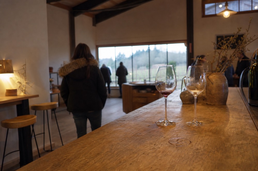A quiet tasting bar inside a small boutique winery near Healdsburg, no text, no logos, no people.