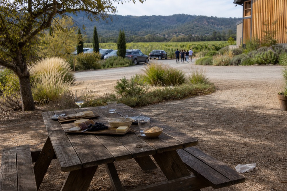 Picnic table set with lunch beside a small-production Sonoma County winery, no text, no logos, no people