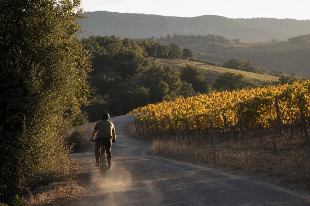 E-bike riding past a vineyard with mountains in the background, Sonoma County, no text, no logos, no people