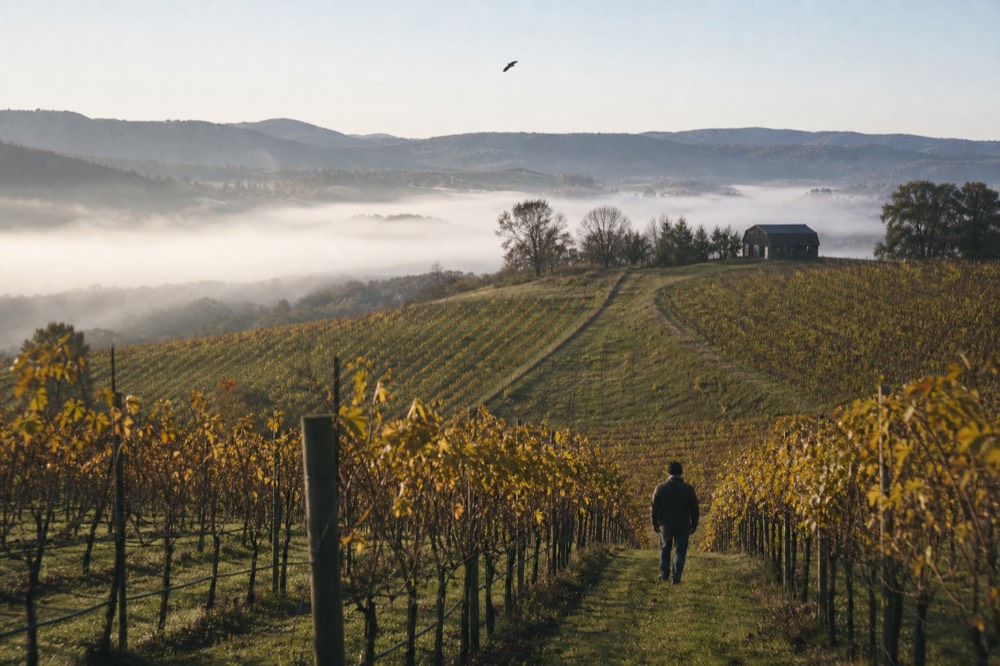 Vineyard rows on rolling hills with a small winery barn in the distance, no text, no logos, no people