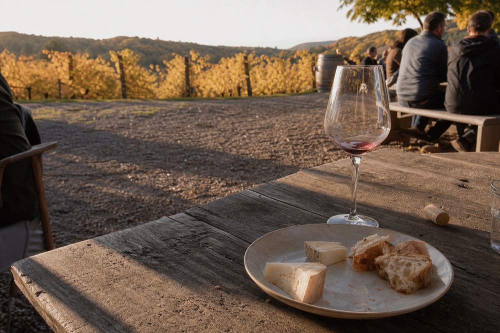 Wine tasting setup with a glass and a plate of local cheese, no text, no logos, no people